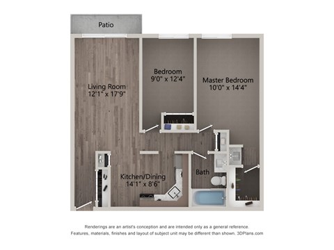 Floor plan for 2 beds, 1.3 baths, 980 sqft